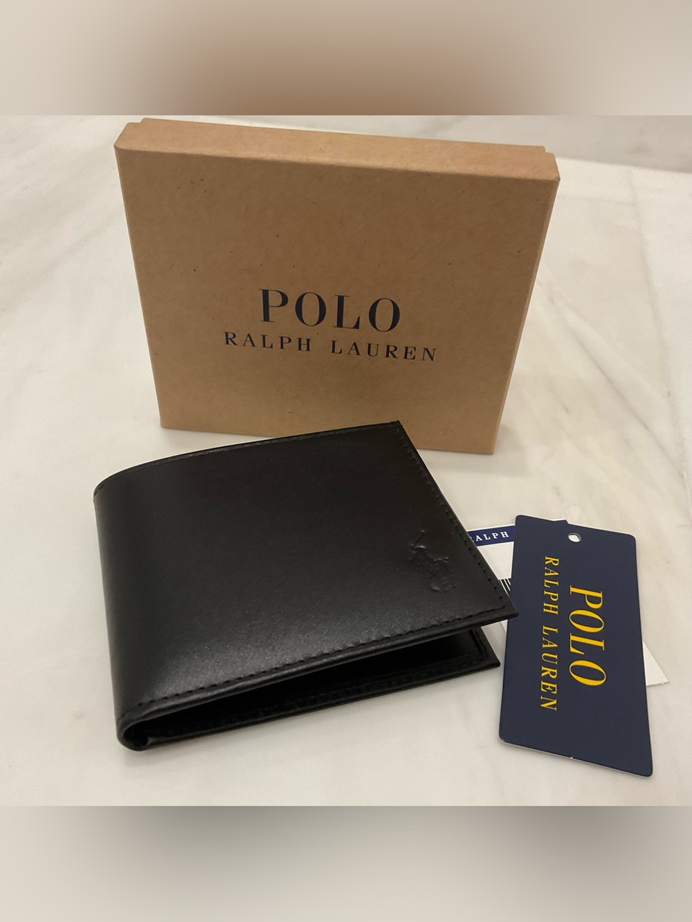 NIB Polo Ralph Lauren Smooth Leather BIG PONY Single Billfold Wallet - BLACK